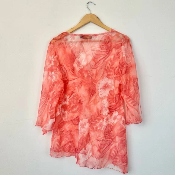 Vintage Picadilly Orange and Pink Floral Asymmetrical Sheer Blouse 3/4 Sleeves - Picture 15 of 15